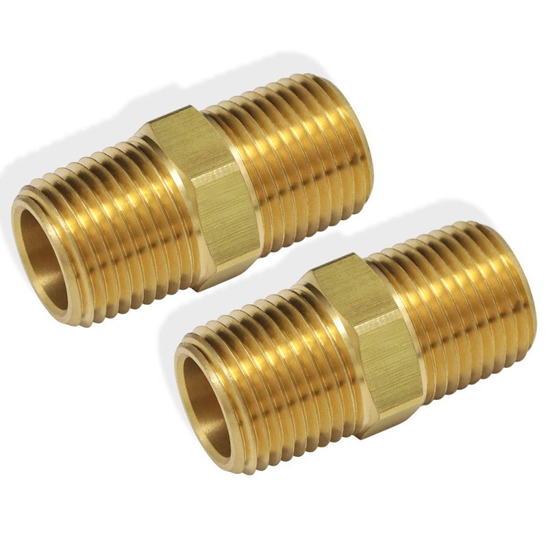 boeray 2pcs 3/8" to 3/8" NPT Male Thread Brass Straight Hex Nipple Fast Coupler Pipe Hose Fitting 3/8 inch x 3/8 inch Straight Fitting - Image 1
